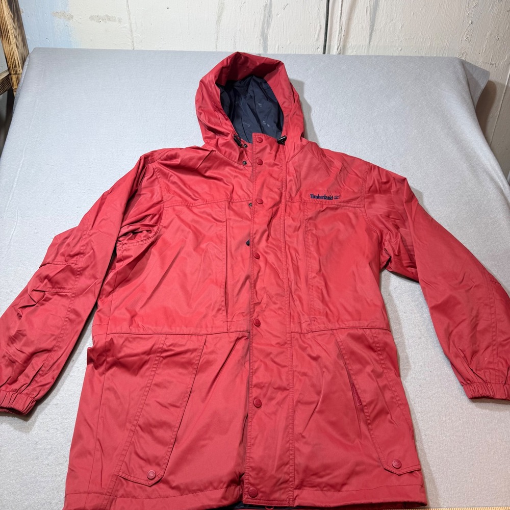 Timberland Weathergear Red Hooded Jacket Full Zip Puffer Lined Mens‎ M